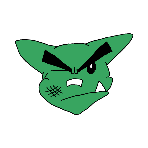 Green cartoon goblin head with an angry expression on a white background